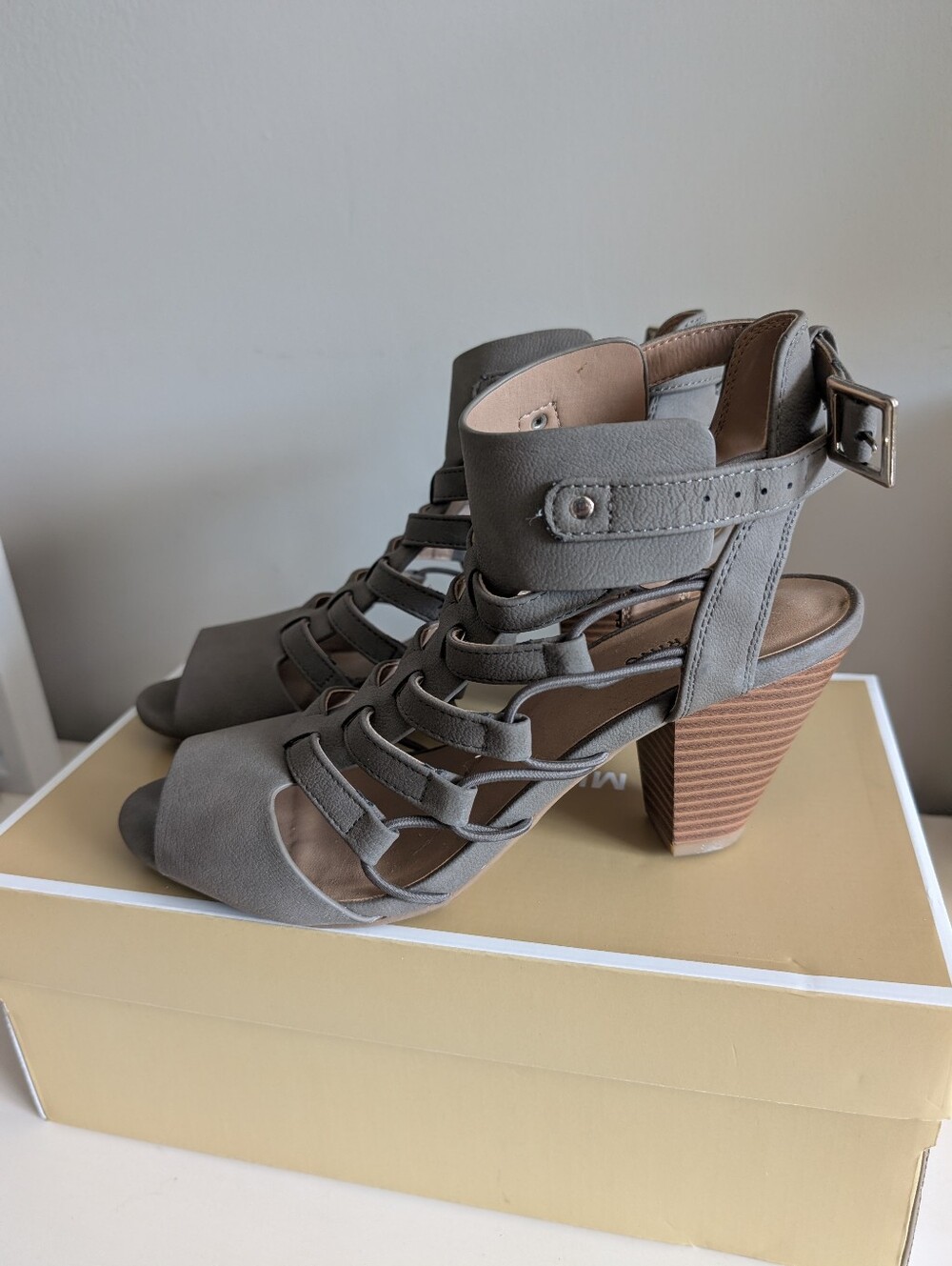 Call It Spring Taupe Strappy Block Heel Sandals